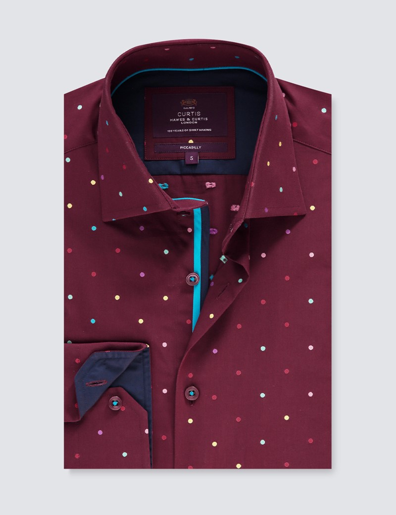 Men’s Curtis Burgundy Dobby Spots Relaxed Slim Fit Shirt - Low Collar - Single Cuff