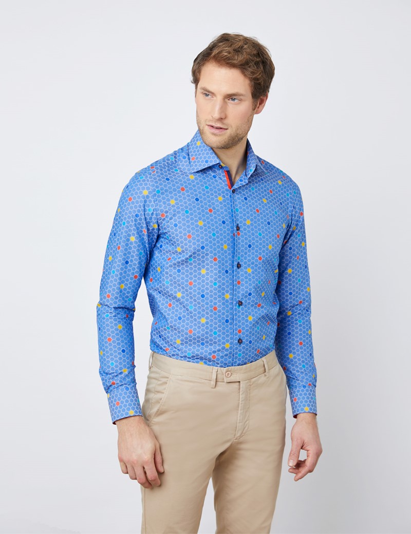 Cotton Men's Relaxed Slim Fit Shirt With Honeycomb Deisgn in Blue ...