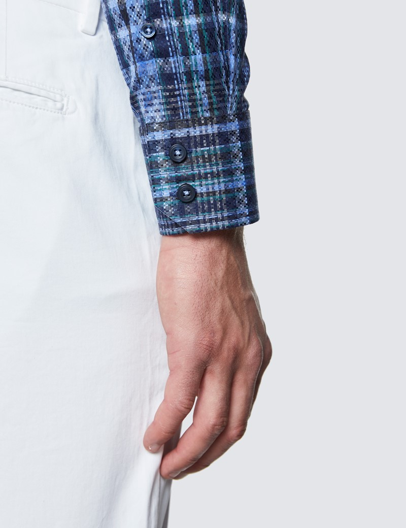 Men's Curtis Navy and Green Cotton Check Shirt - Low Collar