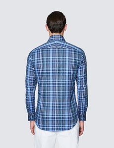 Men's Curtis Navy and Green Cotton Check Shirt - Low Collar