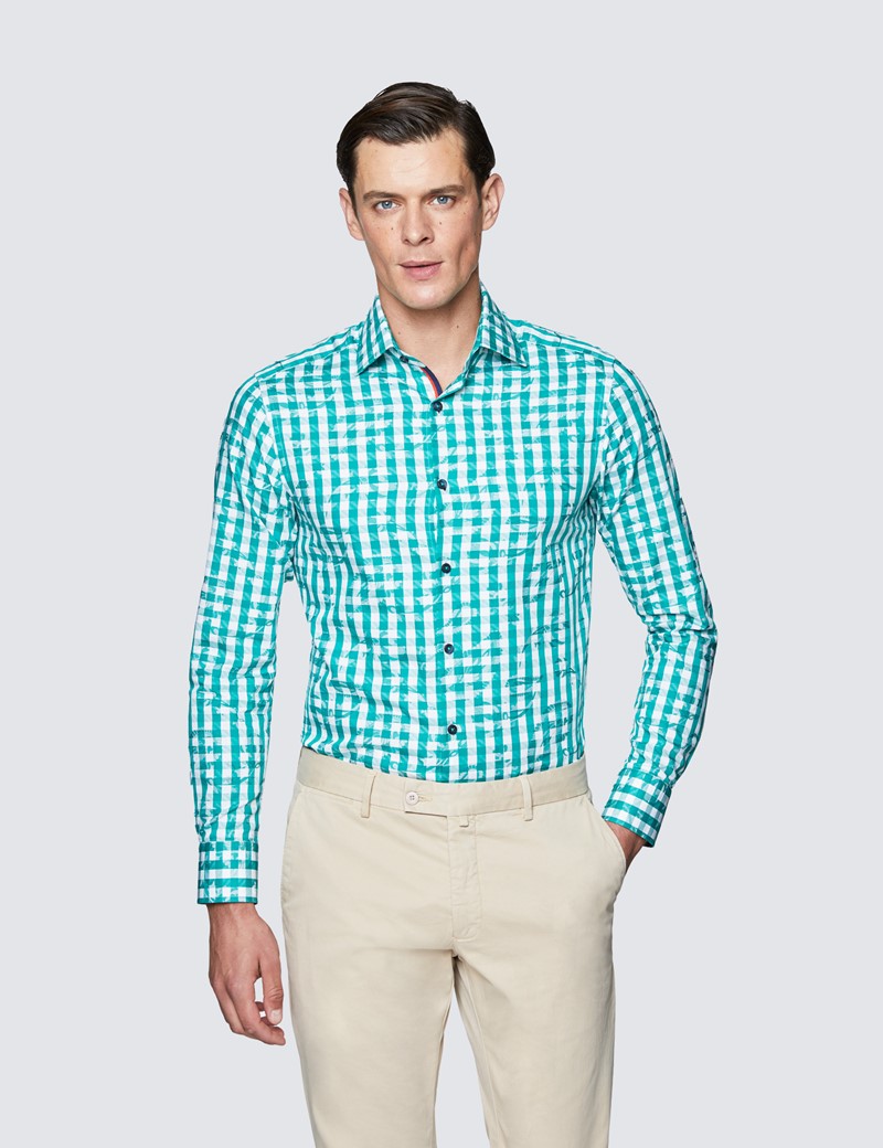 Men's Curtis Green and White Cotton Check Shirt - Low Collar