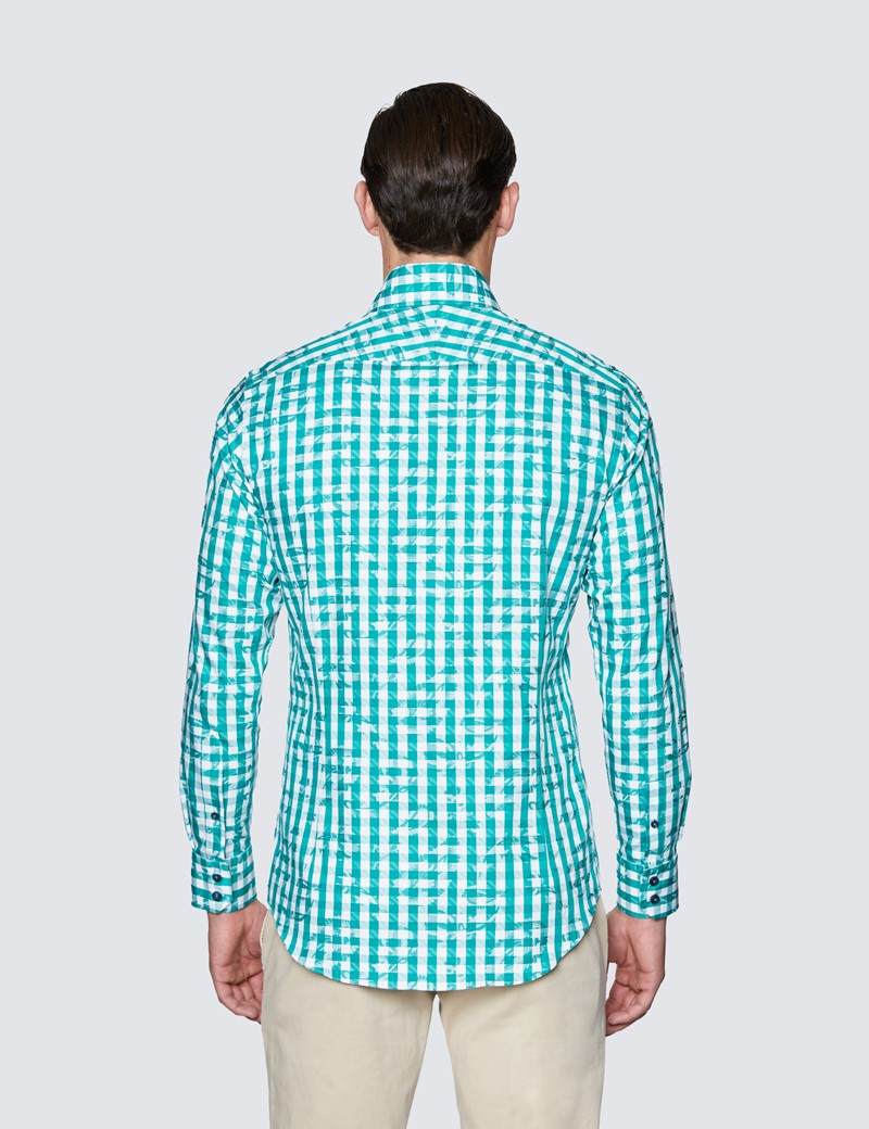 Men's Curtis Green and White Cotton Check Shirt - Low Collar