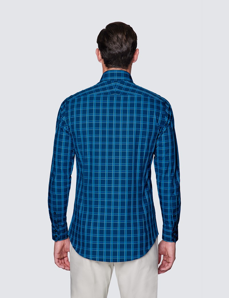 Men's Curtis Navy & Turquoise Check Piccadilly Slim Fit Shirt - Low Collar