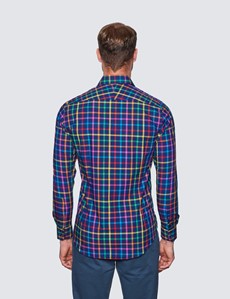 Men's Curtis Navy & Red Large Check Relaxed Slim Fit Shirt - Low Collar