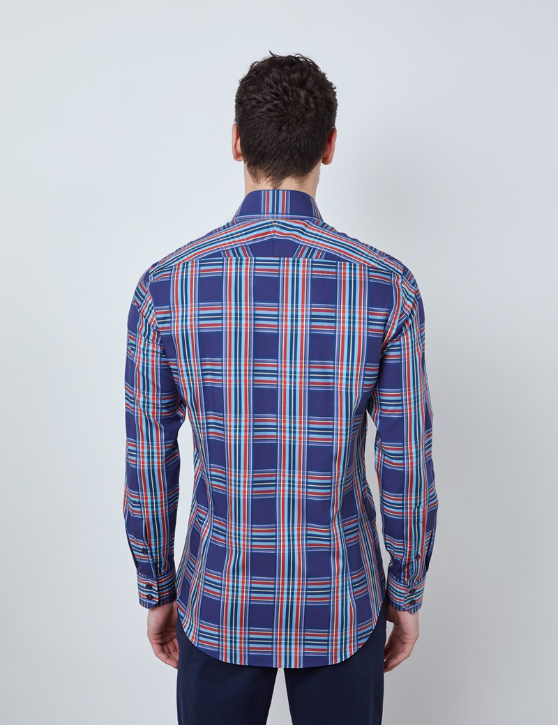 100% Cotton Relaxed Slim Fit Shirt with Multi Plaid in Navy & Red ...