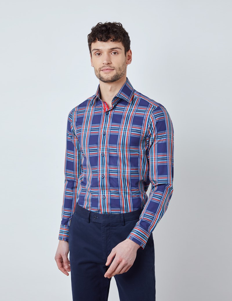 Men’s Curtis Navy & Red Multi Plaid Relaxed Slim Fit Shirt - Low Collar