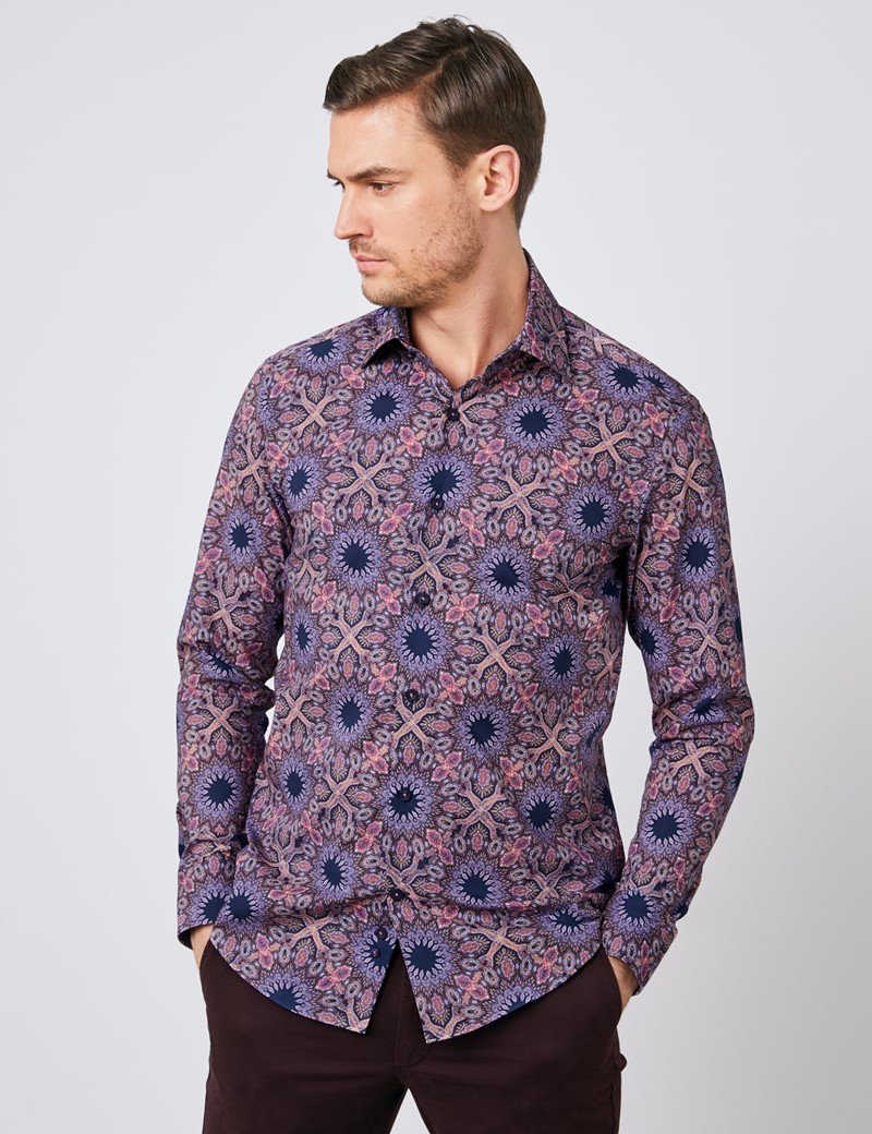 Men’s Curtis Navy & Pink Paisley Slim Fit Shirt - Single Cuff | Hawes ...