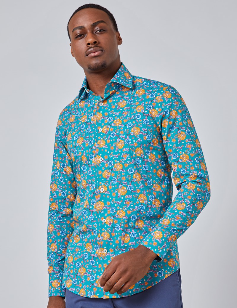 Floral Printed Slim Fit Shirt with Single Cuff in Teal & Blue | Hawes ...