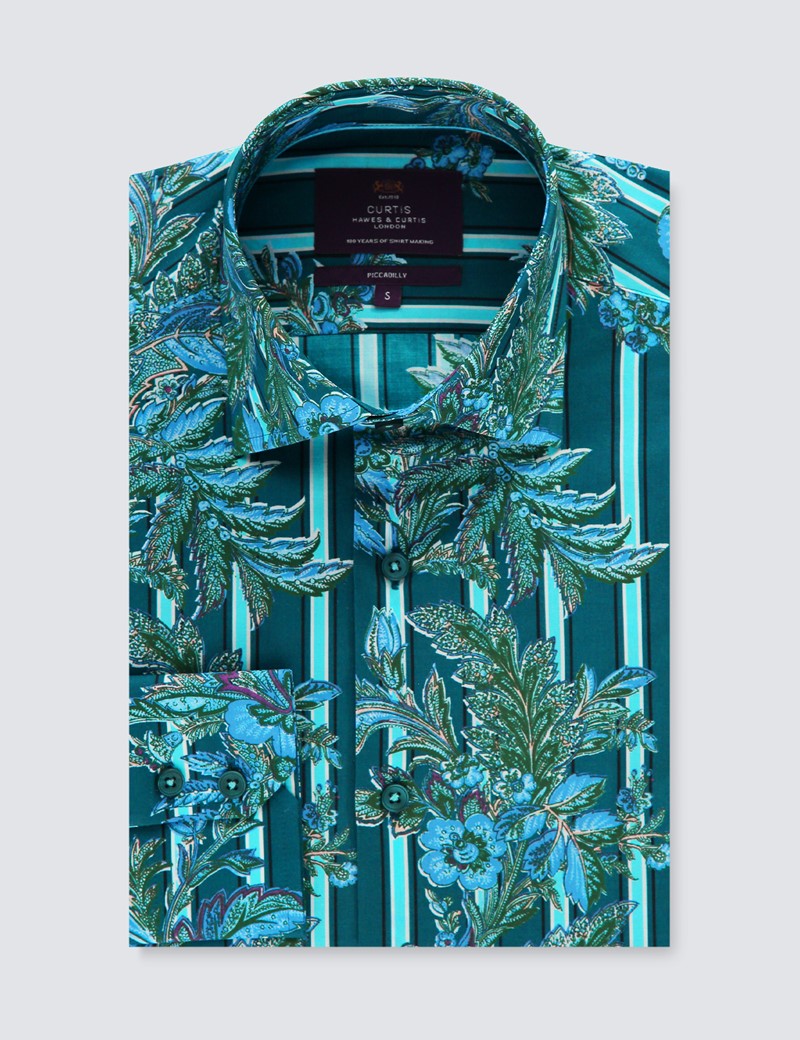 Men’s Curtis Teal & Blue Floral Stripes Relaxed Slim Fit Shirt - Low Collar - Single Cuff