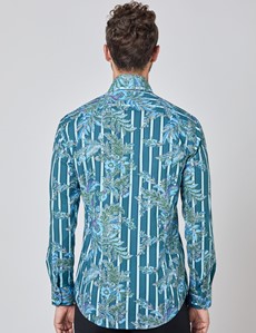 Men’s Curtis Teal & Blue Floral Stripes Relaxed Slim Fit Shirt - Low Collar - Single Cuff