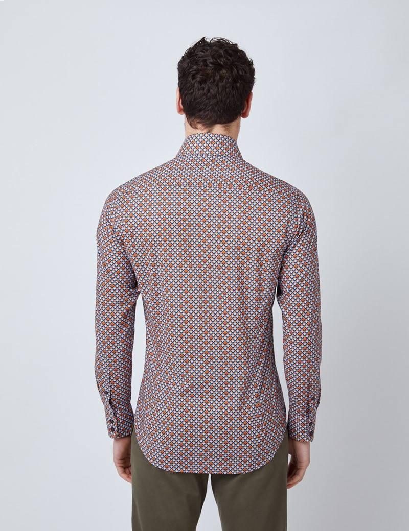 Men’s Curtis Blue & Red Geometric Print Relaxed Slim Fit Shirt – Single Cuffs