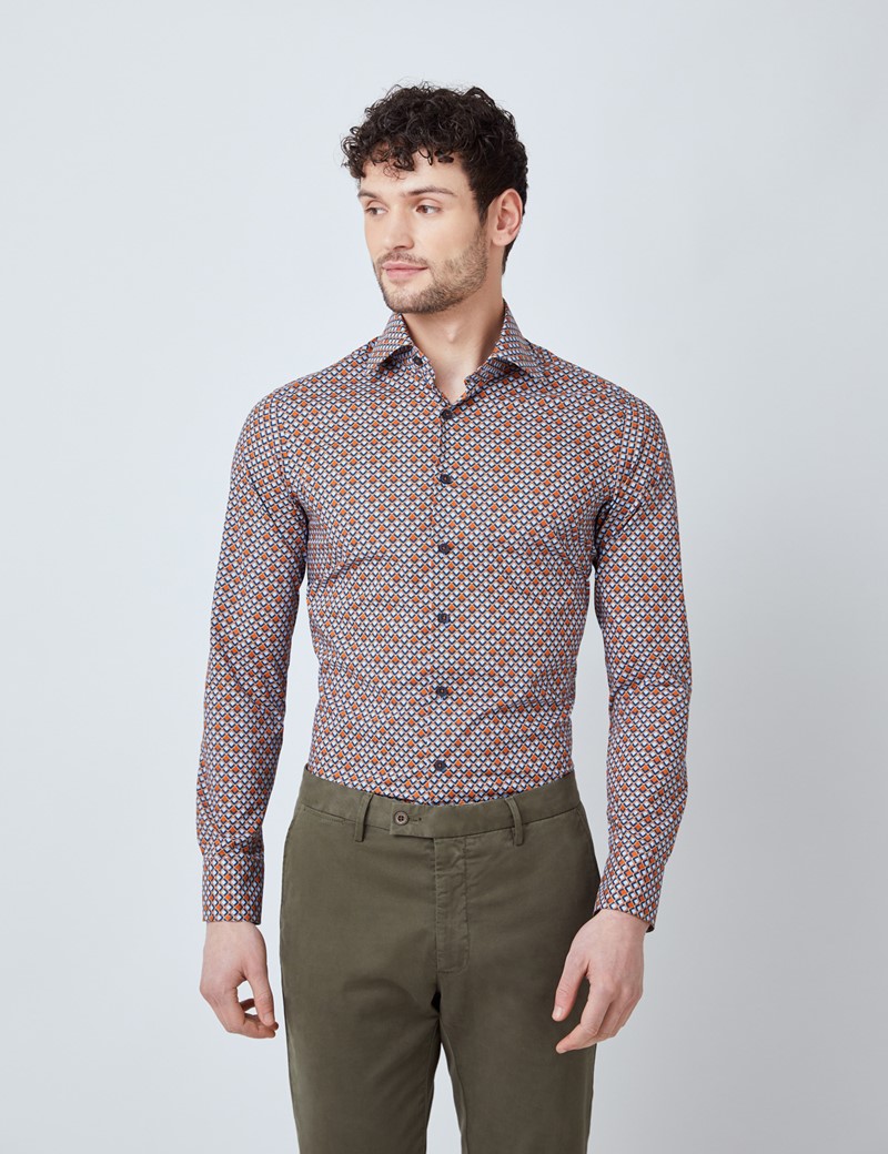 Men’s Curtis Blue & Red Geometric Print Relaxed Slim Fit Shirt – Single Cuffs 