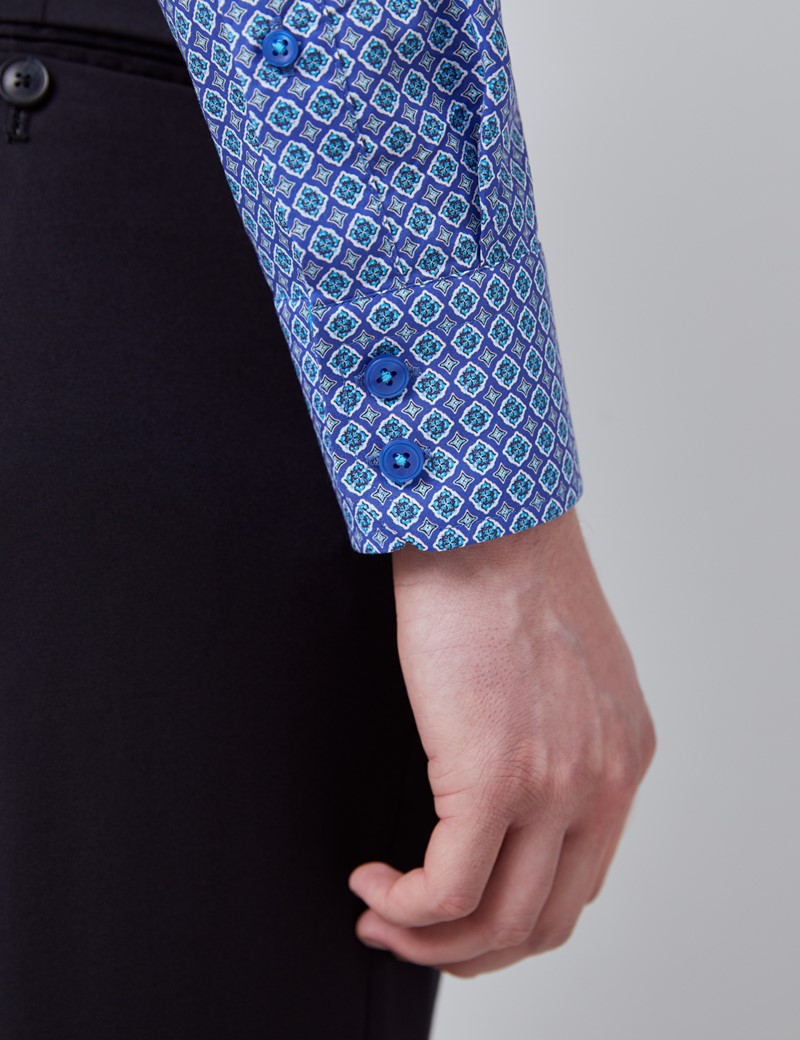 Men’s Curtis Blue & Green Geometric Print Relaxed Slim Fit Shirt – Low Collar