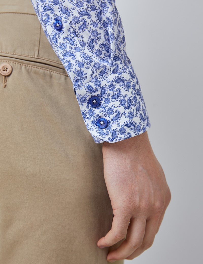 Men’s Curtis White & Blue Mini Paisley Print Diamond Weave Relaxed Slim Fit Shirt – Low Collar