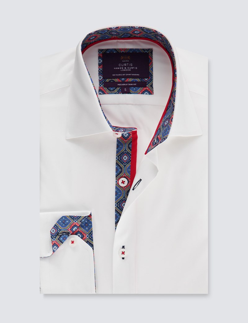 Men's Curtis White Slim Fit Shirt With Paisley Contrast - Single Cuff ...