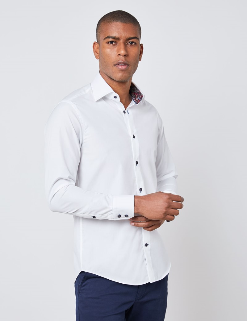 Men’s Curtis White & Burgundy Slim Fit Shirt with Contrast Detail ...