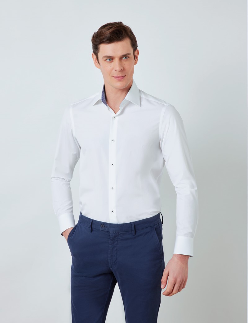 Men’s Curtis White Relaxed Slim Fit Shirt with Contrast Detail – Low Collar