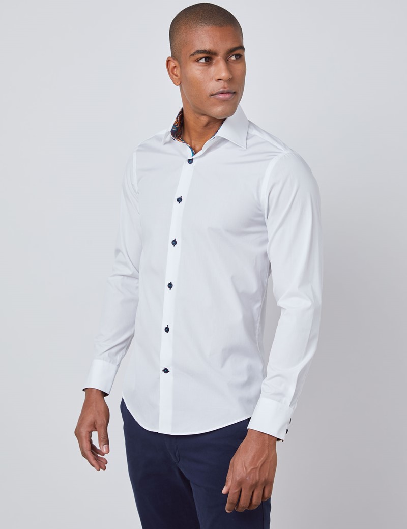 Men’s Curtis White Cotton Poplin Slim Fit Shirt With Contrast Detail ...
