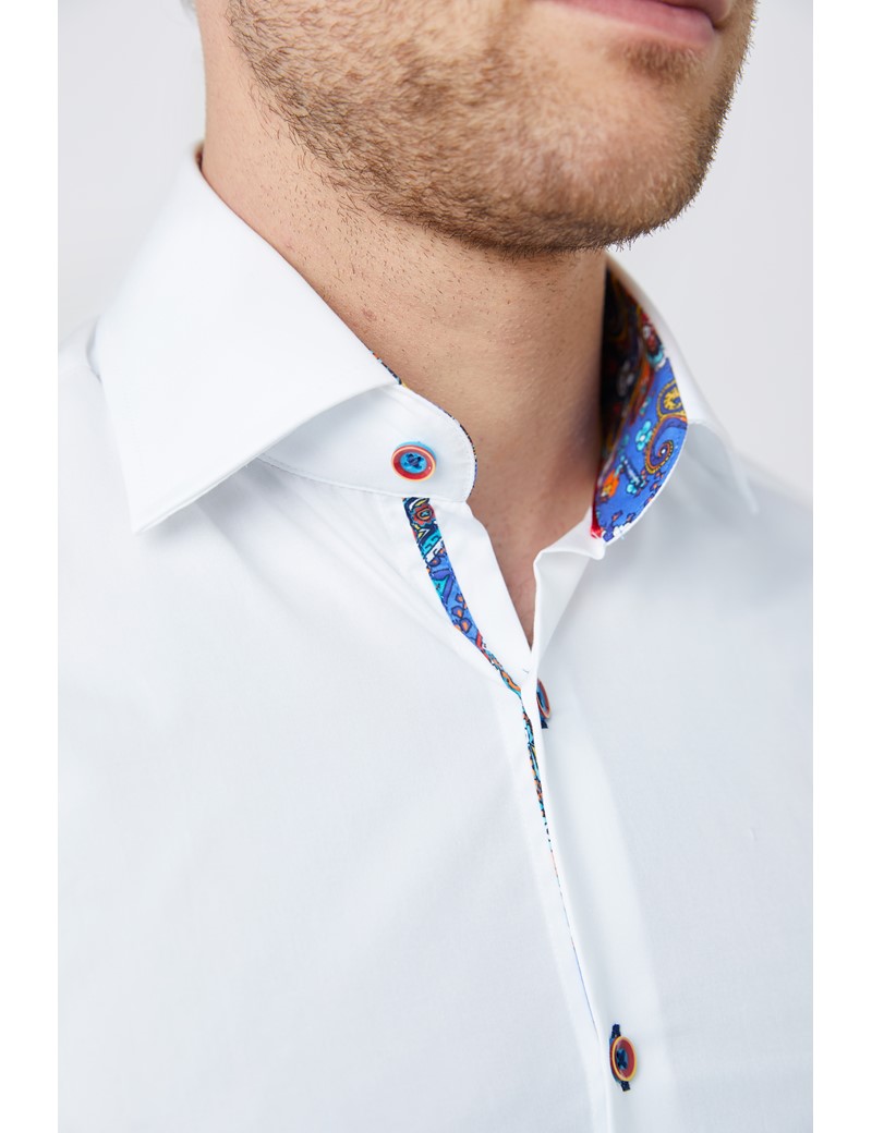 Men’s Curtis Plain White Contrast Stretch Slim Fit Shirt - Low Collar - Single Cuff