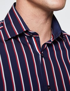Men's Curtis Navy and Red Stripe Slim Fit Cotton Shirt - Low Collar