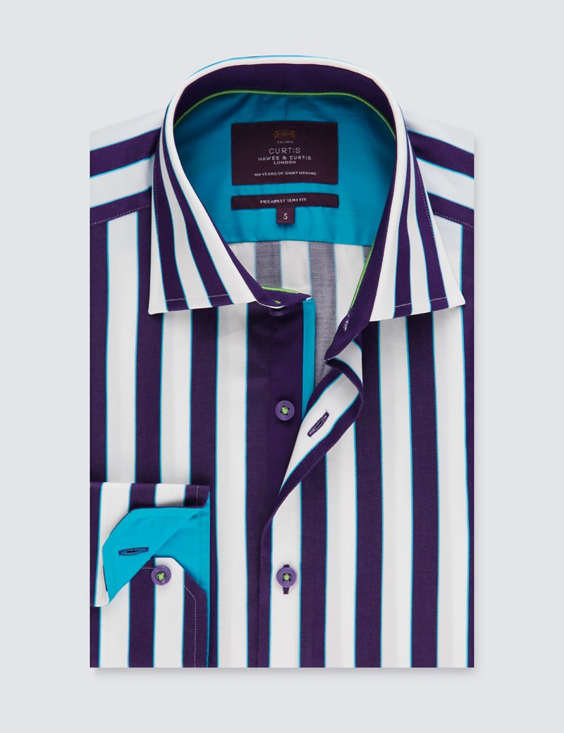 Men’s Curtis Purple & White Stripe Slim Fit Shirt with Contrast Detail ...