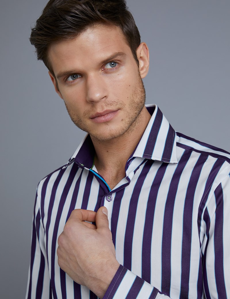Men’s Curtis Purple & White Stripe Slim Fit Shirt with Contrast Detail ...