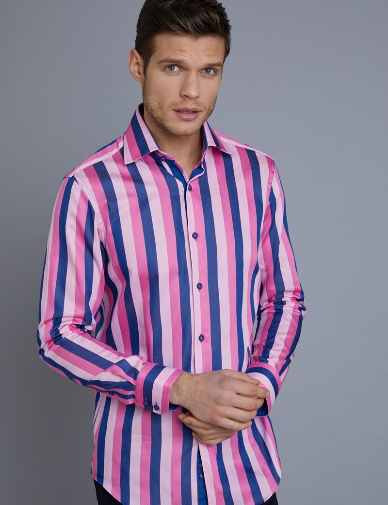 Men’s Curtis Pink & Blue Multi Stripe Slim Fit Shirt with Contrast ...