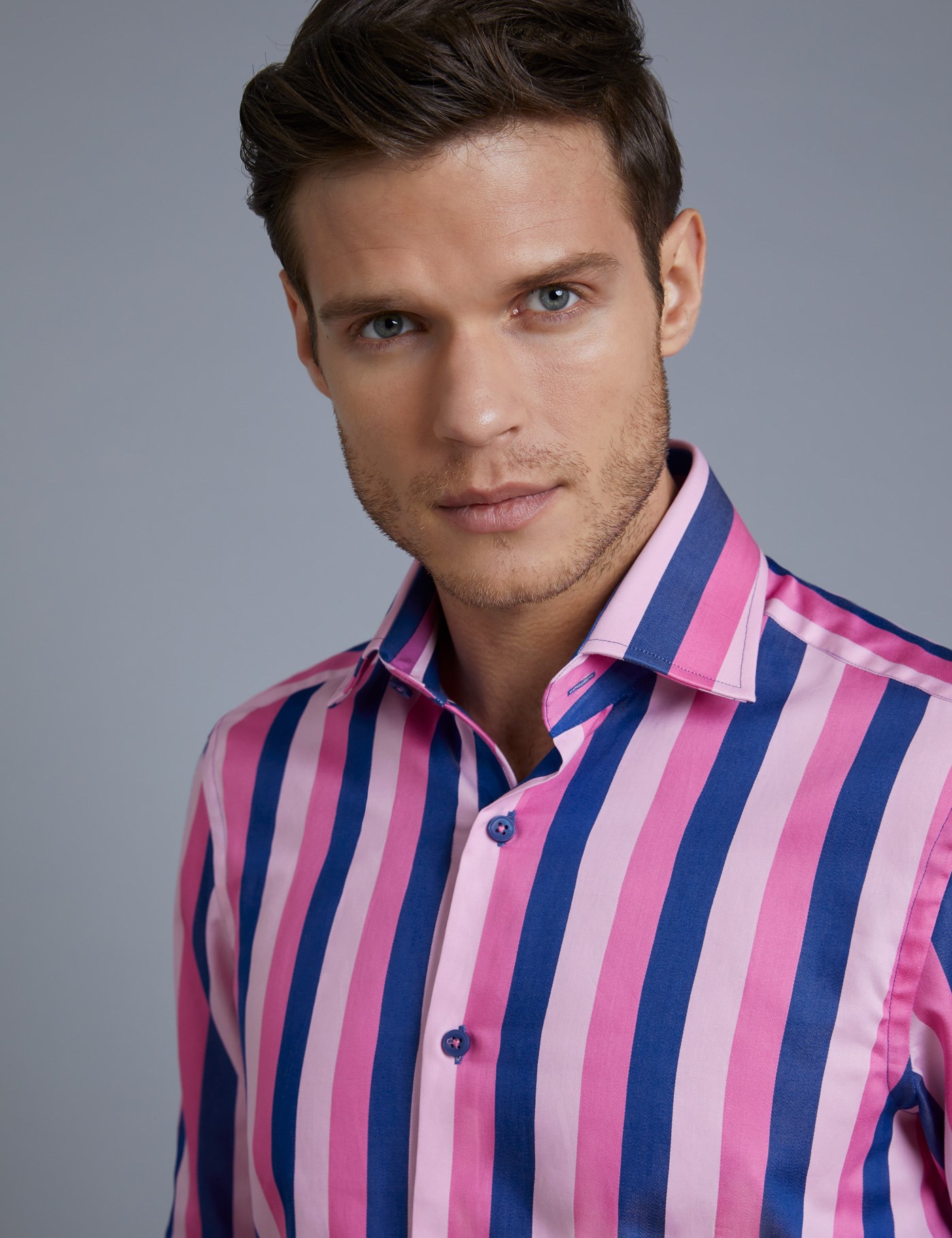 Men’s Curtis Pink & Blue Multi Stripe Slim Fit Shirt with Contrast ...