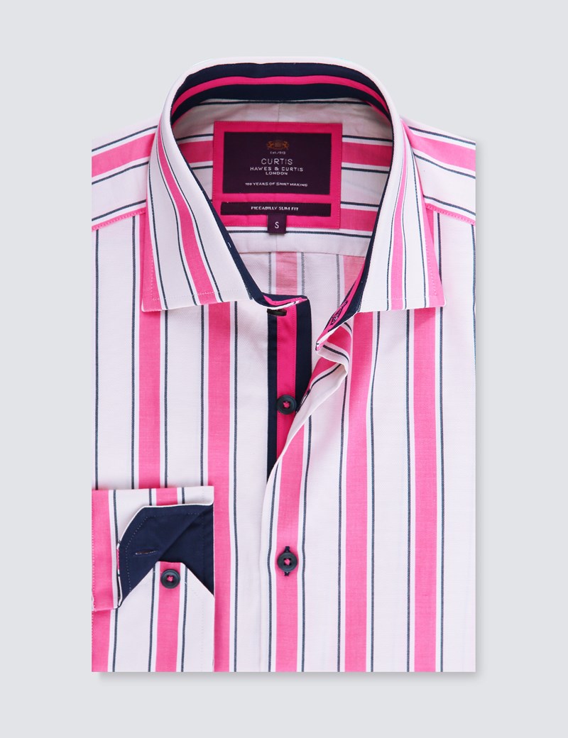 Men's Curtis Cream & Pink Bold Stripe Slim Fit Shirt - Single Cuff ...