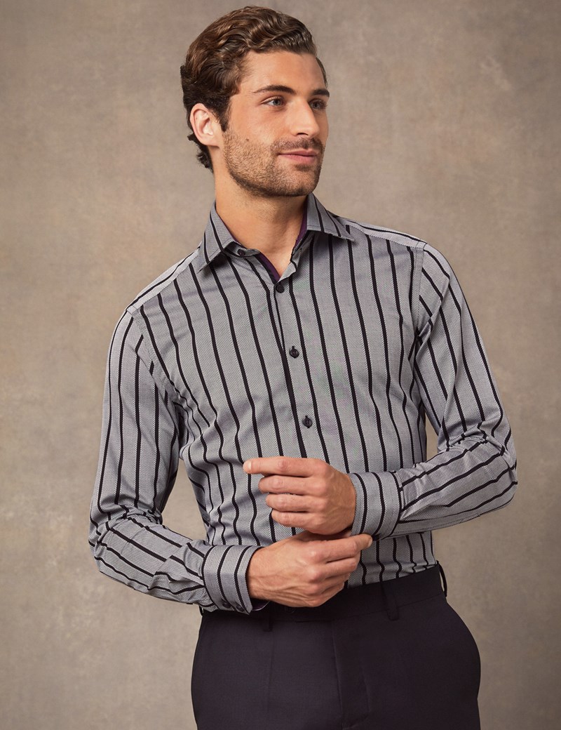 Men's Curtis Black & Grey Bold Stripe Slim Fit Shirt - Single Cuff ...