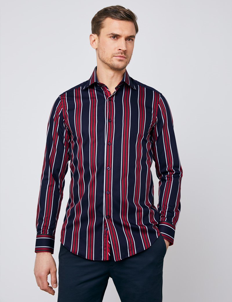 Men’s Curtis Navy & Red Multi Stripe Slim Fit Shirt - Single Cuff ...