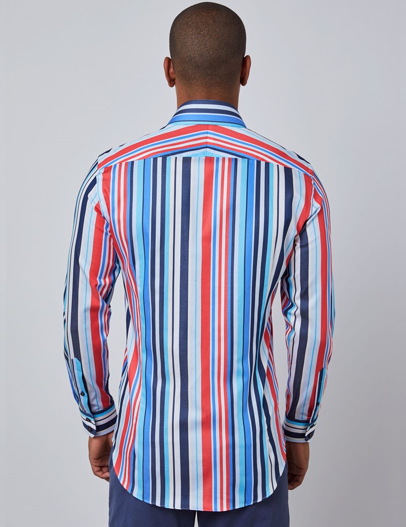 Men’s Curtis Navy & Red Stripe Relaxed Slim Fit Shirt - Single Cuff