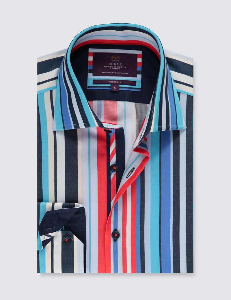 Men’s Curtis Navy & Red Stripe Relaxed Slim Fit Shirt - Single Cuff