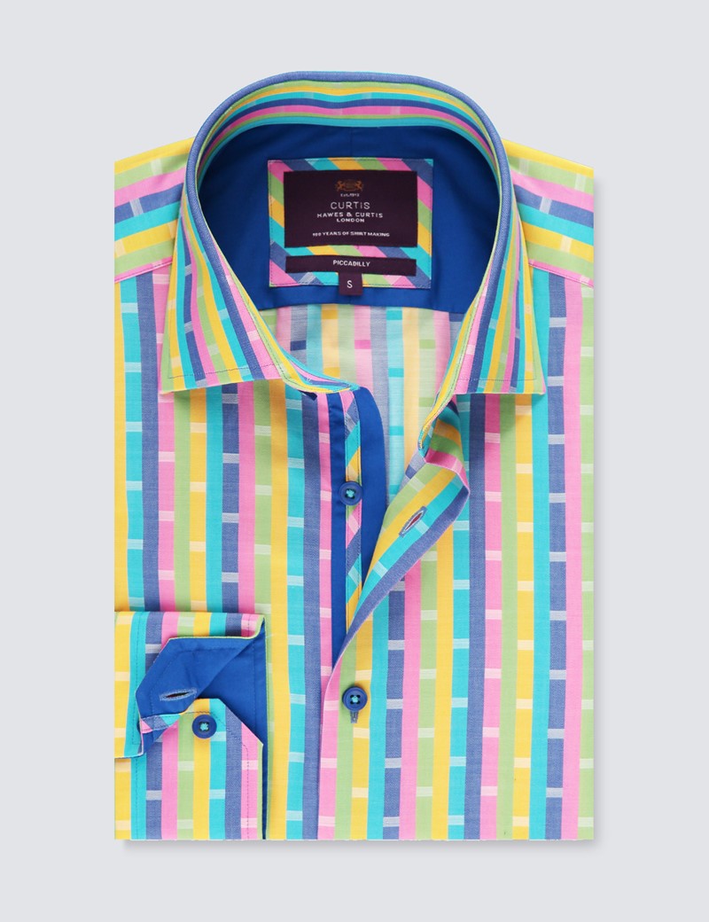Men’s Curtis Green & Yellow Multi Stripes Relaxed Slim Fit Shirt - Low Collar