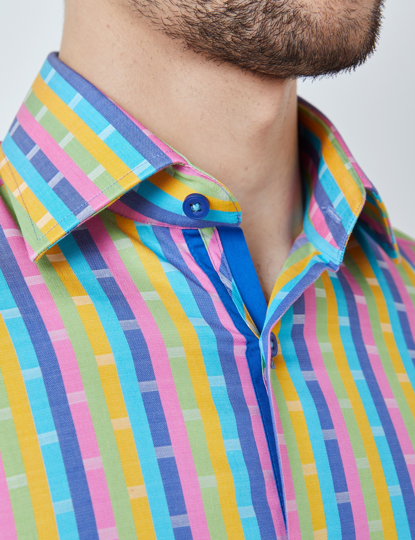100% Cotton Relaxed Slim Fit Shirt with Multi Stripes in Green & Yellow | Hawes & Curtis | UK