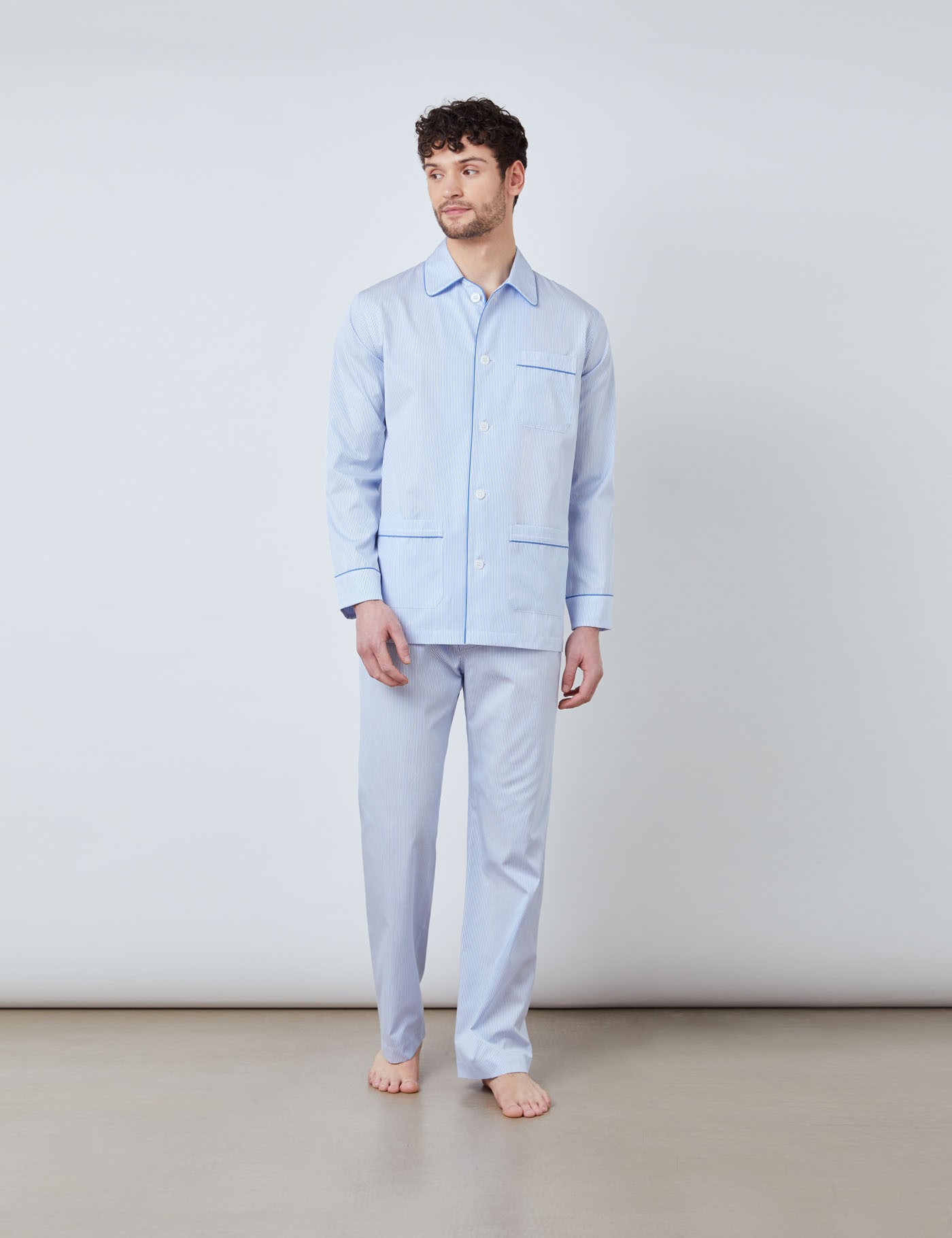 Cotton Bi-Colour Stripe Men's Pyjama in Blue & White | Hawes & Curtis