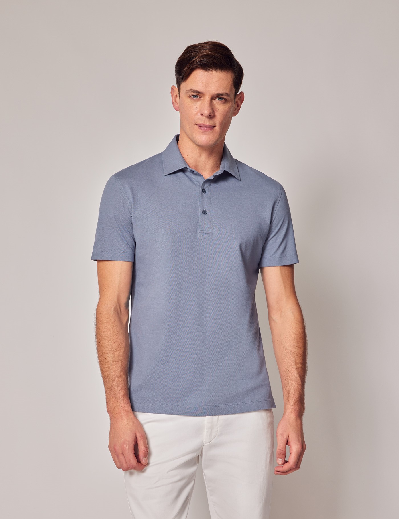 Ocean Blue Pique Slim Polo Shirt - Short Sleeve | Hawes and Curtis