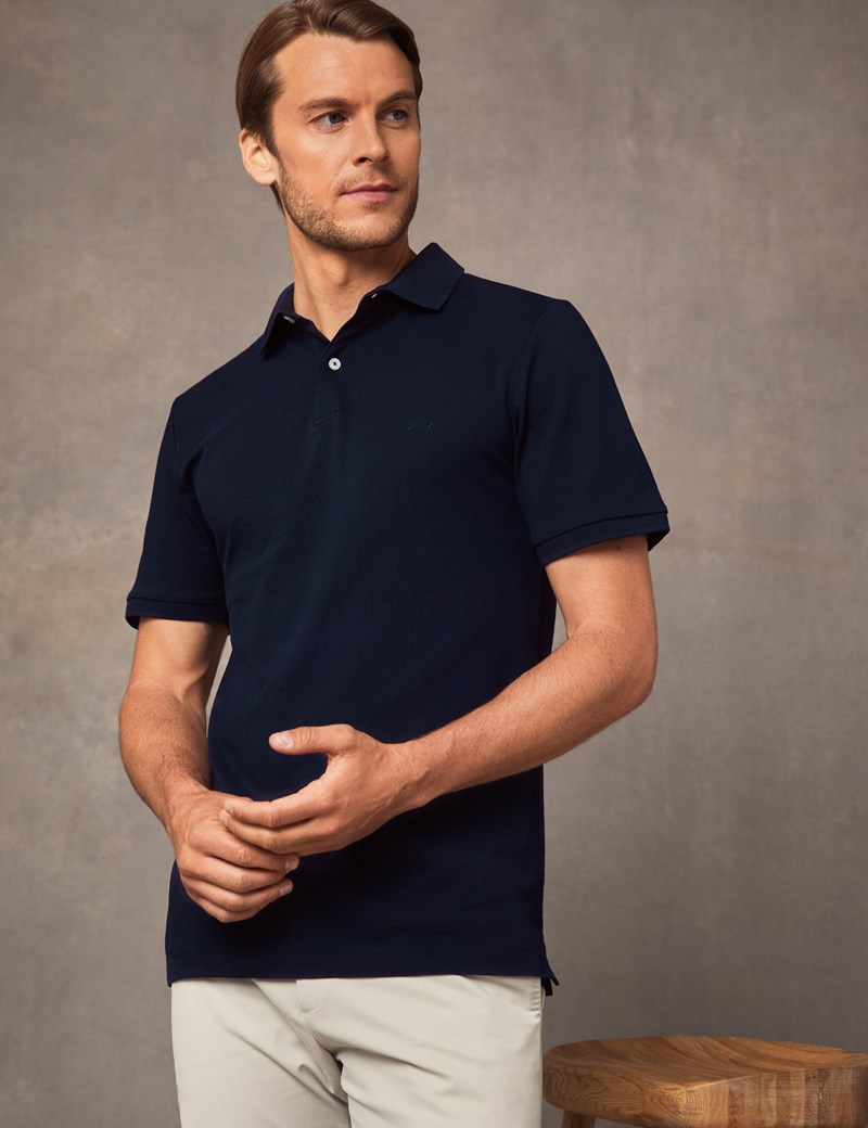 Men's Navy Mercerised Pique Cotton Polo Shirt With Ribbed Collar ...