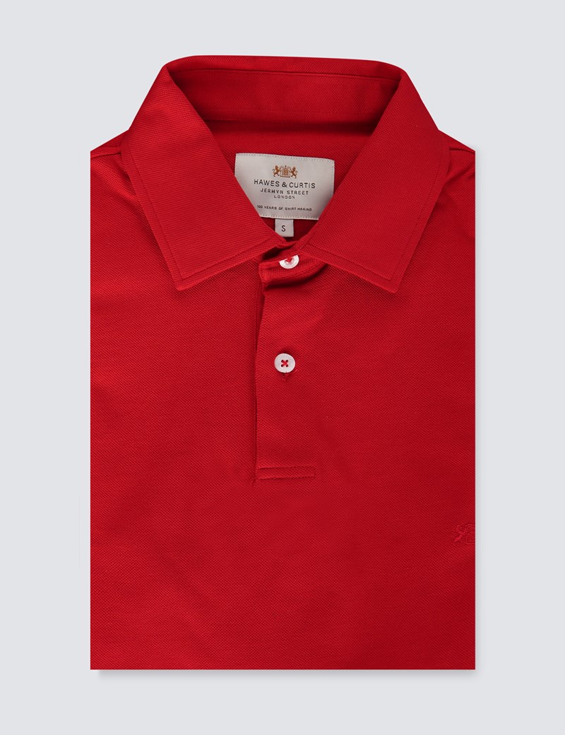 Men's Red Mercerised Pique Cotton Polo Shirt With Ribbed Collar - Short ...