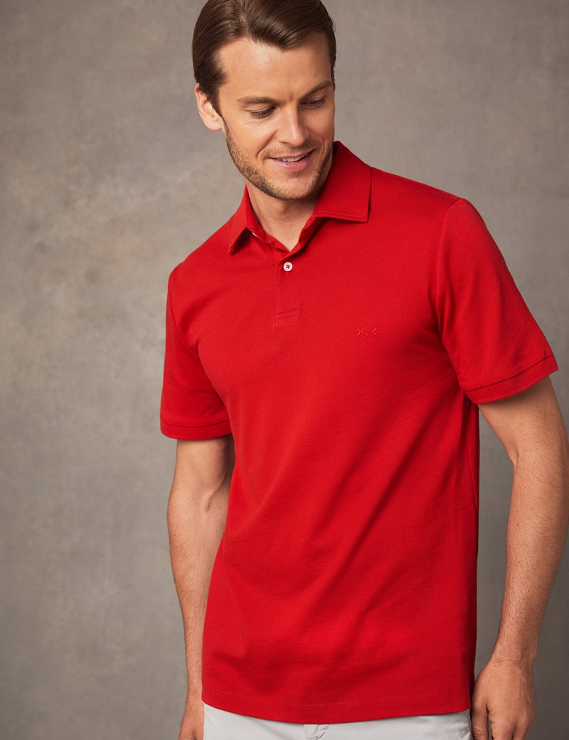 Men's Red Mercerised Pique Cotton Polo Shirt With Ribbed Collar - Short ...