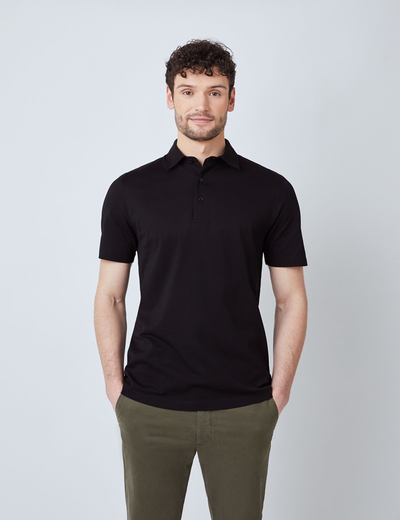 Mercerised Egyptian Cotton Pique Short Sleeve Polo Shirt in Black ...