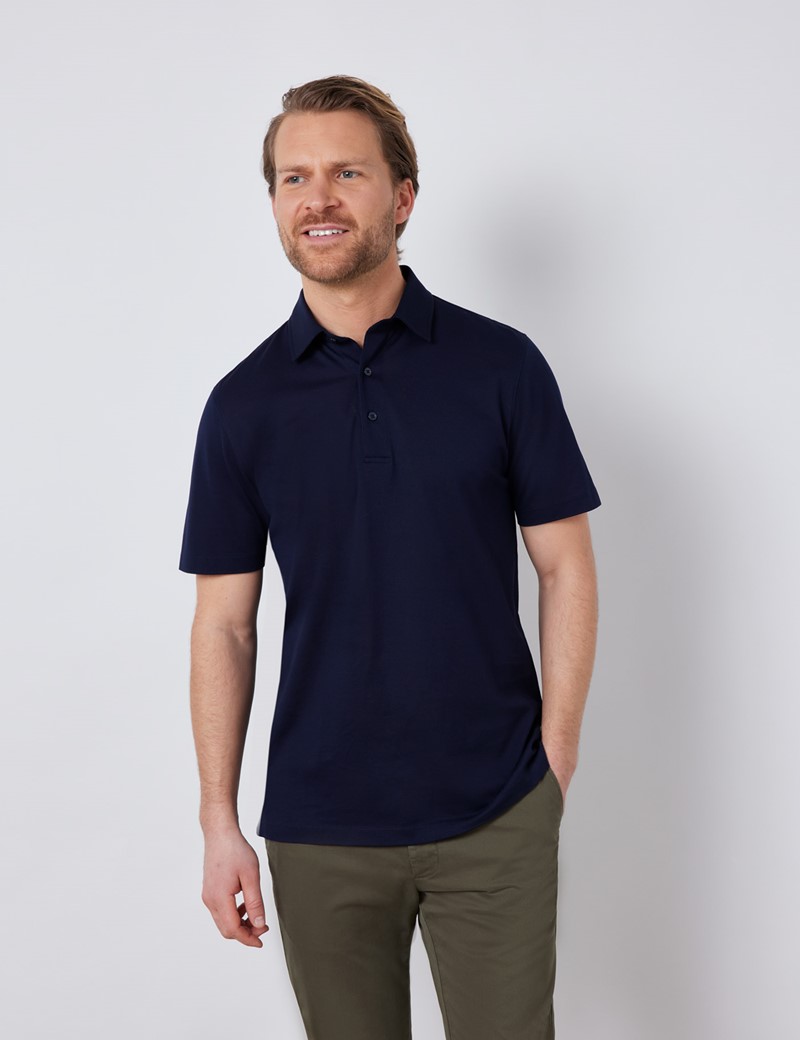 Navy Mercerised Egyptian Cotton Pique Short Sleeve Polo Shirt