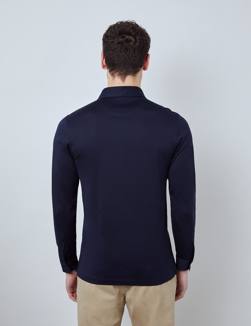 Navy Mercerised Egyptian Cotton Single Jersey Long Sleeve Polo Shirt