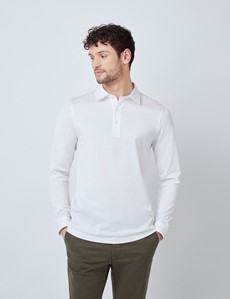 White Mercerised Egyptian Cotton Single Jersey Long Sleeve Polo Shirt 