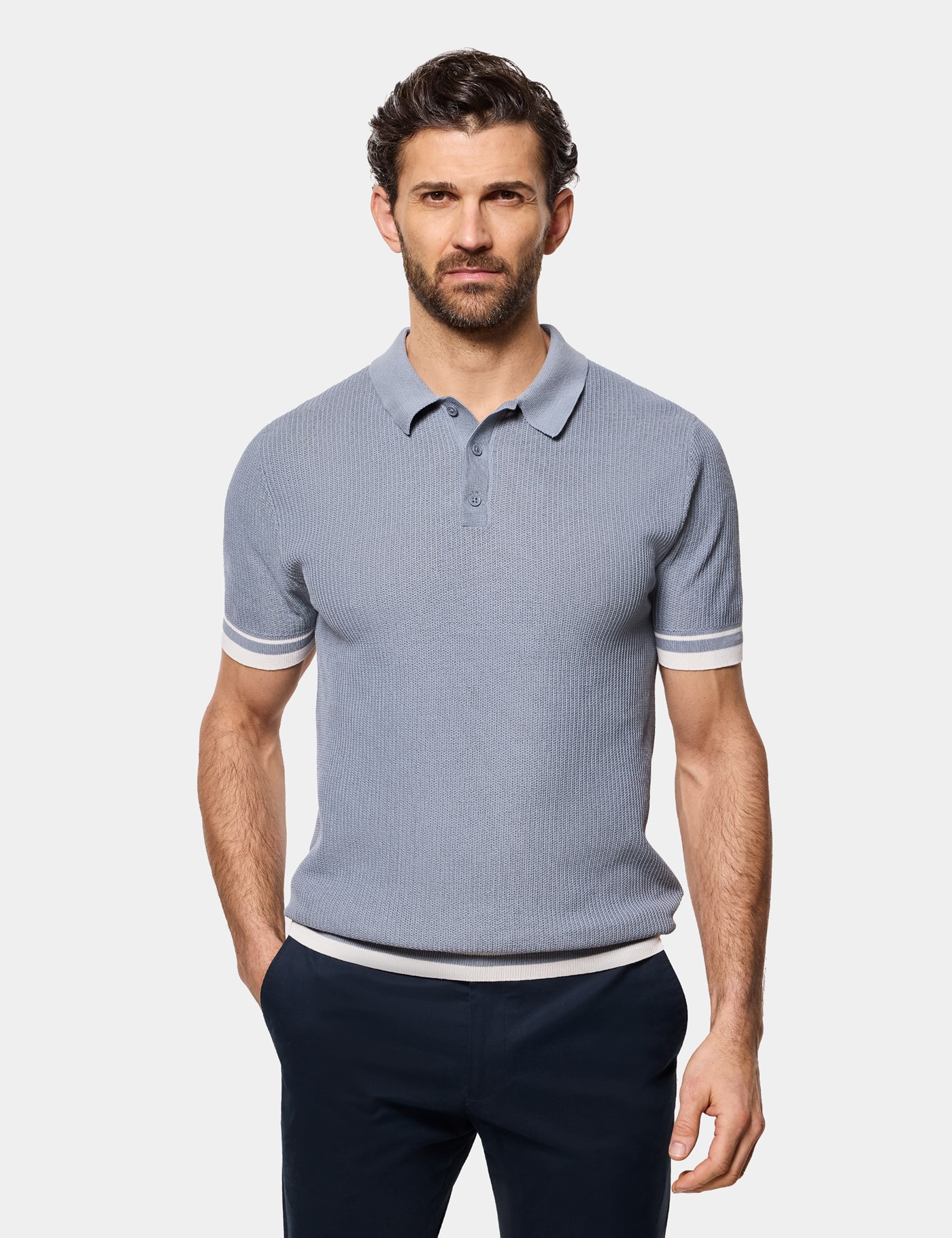 & Slim Fit Tipped Textured Rib Knitted Polo Shirt