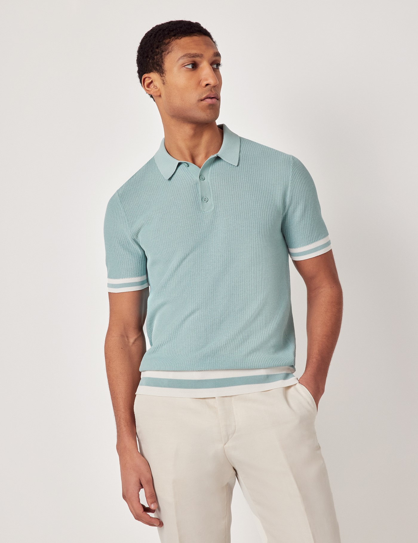 & Slim Fit Light Tipped Textured Rib Knitted Polo Shirt