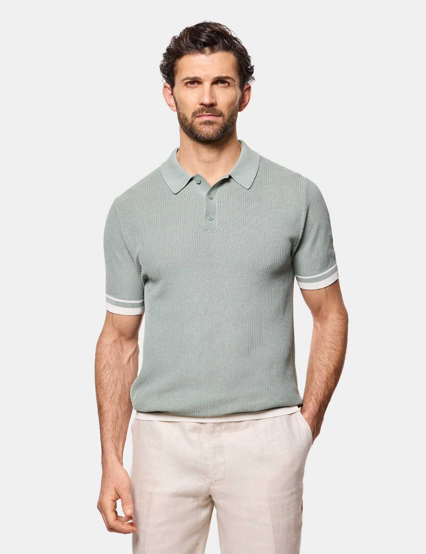 & Slim Fit Sage Green Tipped Textured Rib Knitted Polo Shirt