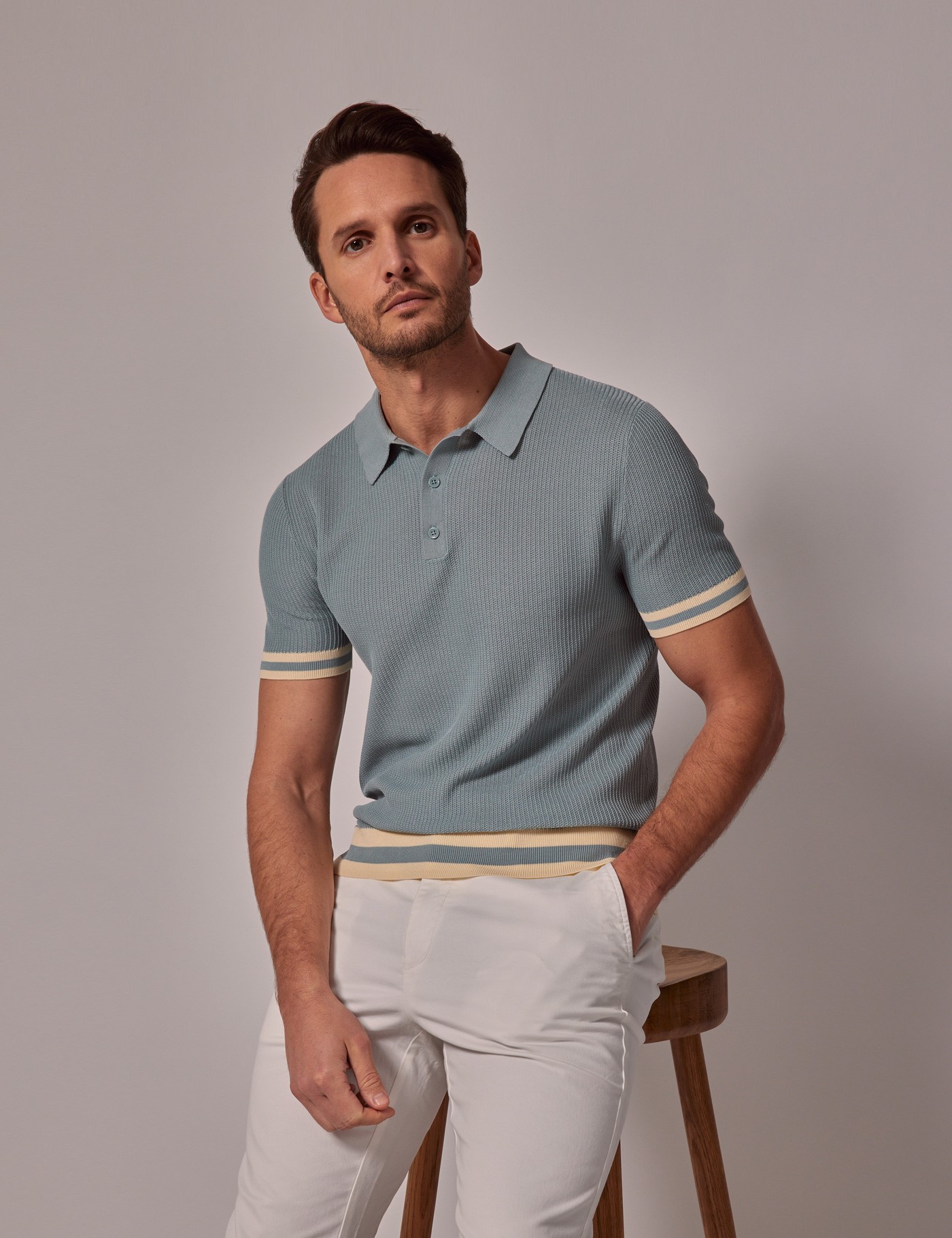 Men's Sea Green Tipped Textured Rib Knitted Cotton Polo Shirt – Short ...