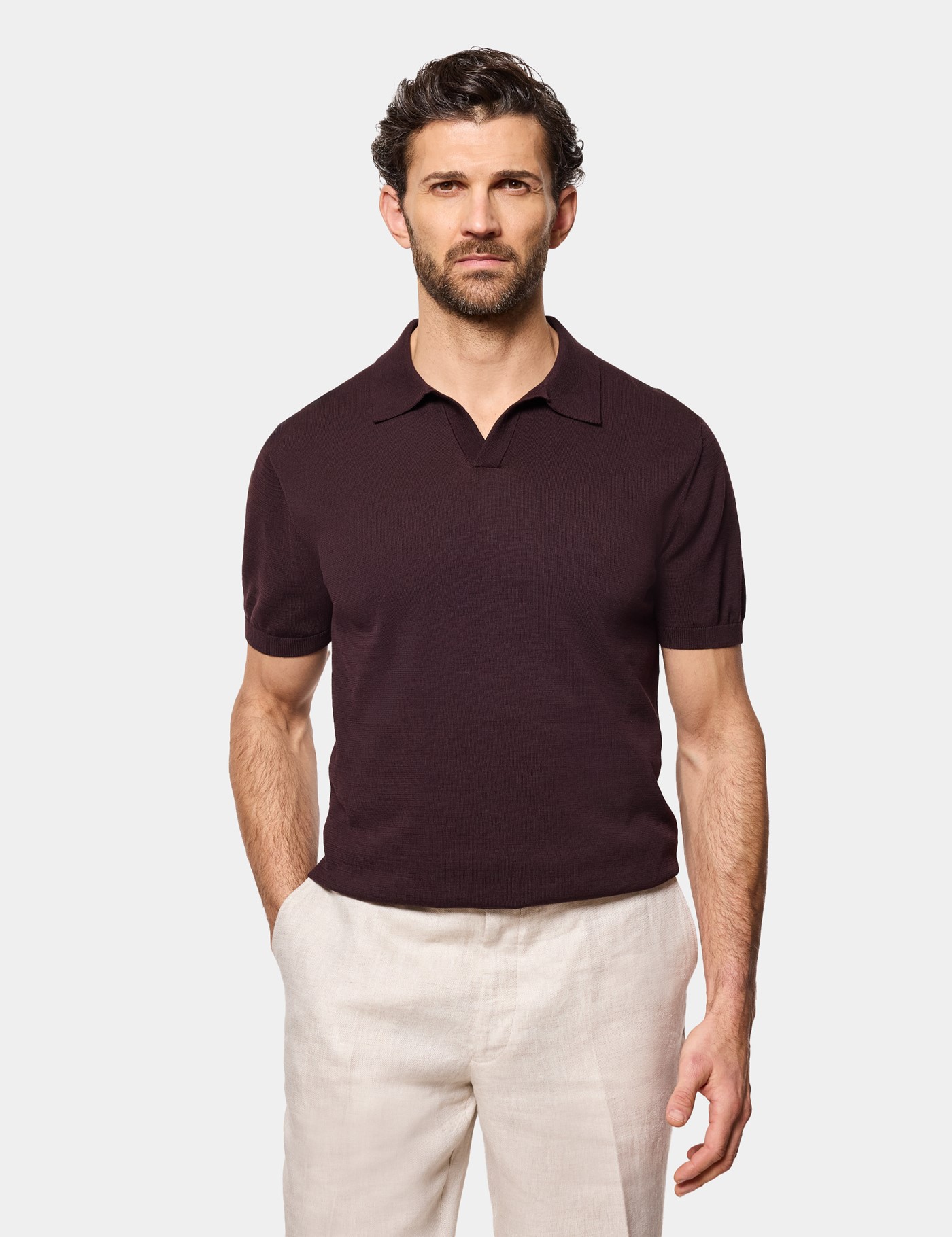 & Slim Fit Chestnut Brown Open Collar Knitted Polo Shirt