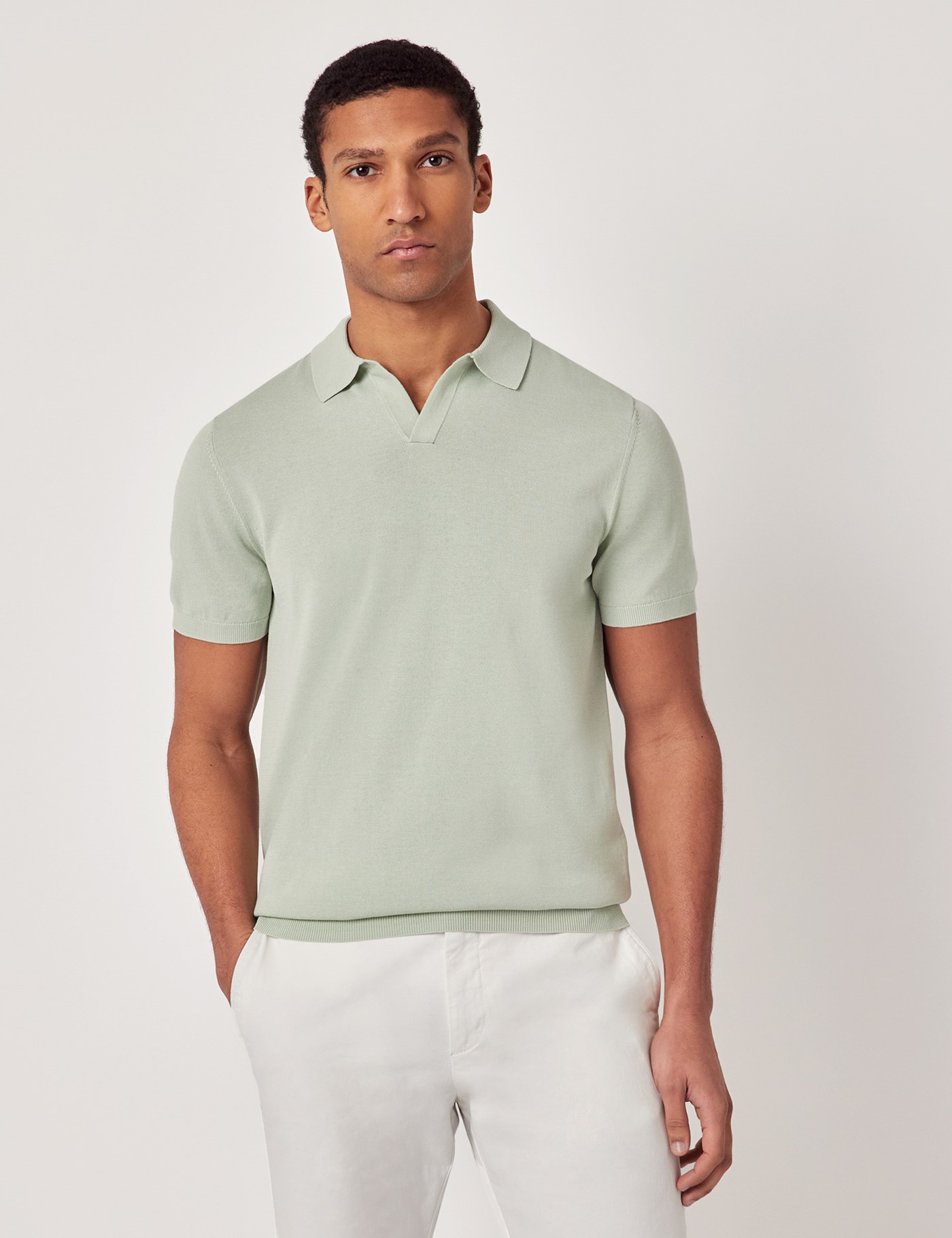 & Slim Fit Light Green Open Collar Knitted Polo Shirt